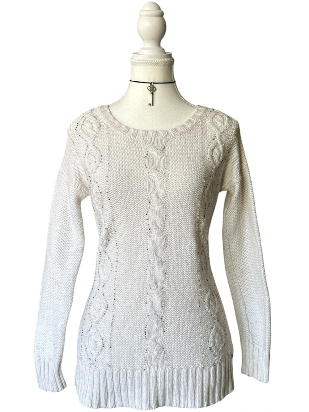 Y2K Coquette “American Eagle” White Cable Knit Beaded Style Pullover Sweater